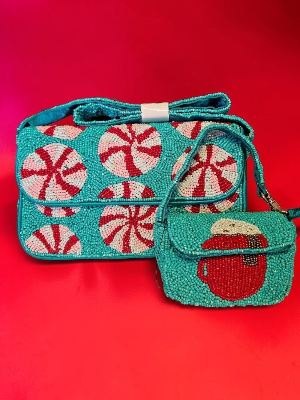 NEW Rachel Zoe Designer Peppermint Theme Beaded Shoulder & Mini Bag Set In Box - Picture 7 of 7
